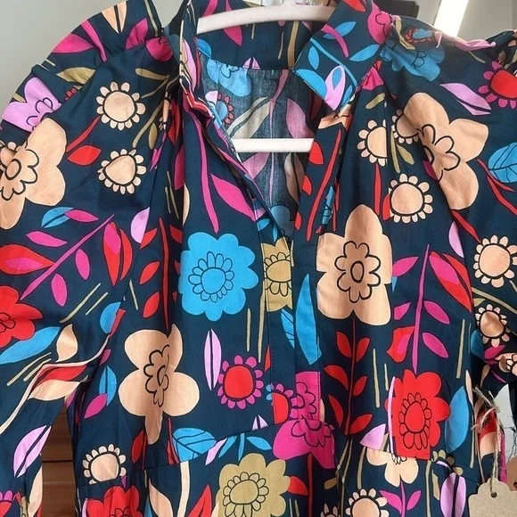 NWT! Green Floral Print Puff Sleeve Ruffled Mini Dress boho retro layered SZ S - Picture 14 of 15